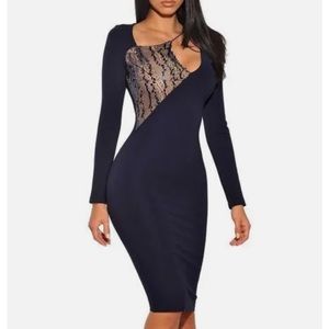 Miss Circle Cut out Navy Blue Long Sleeve Stretch Crepe Dress